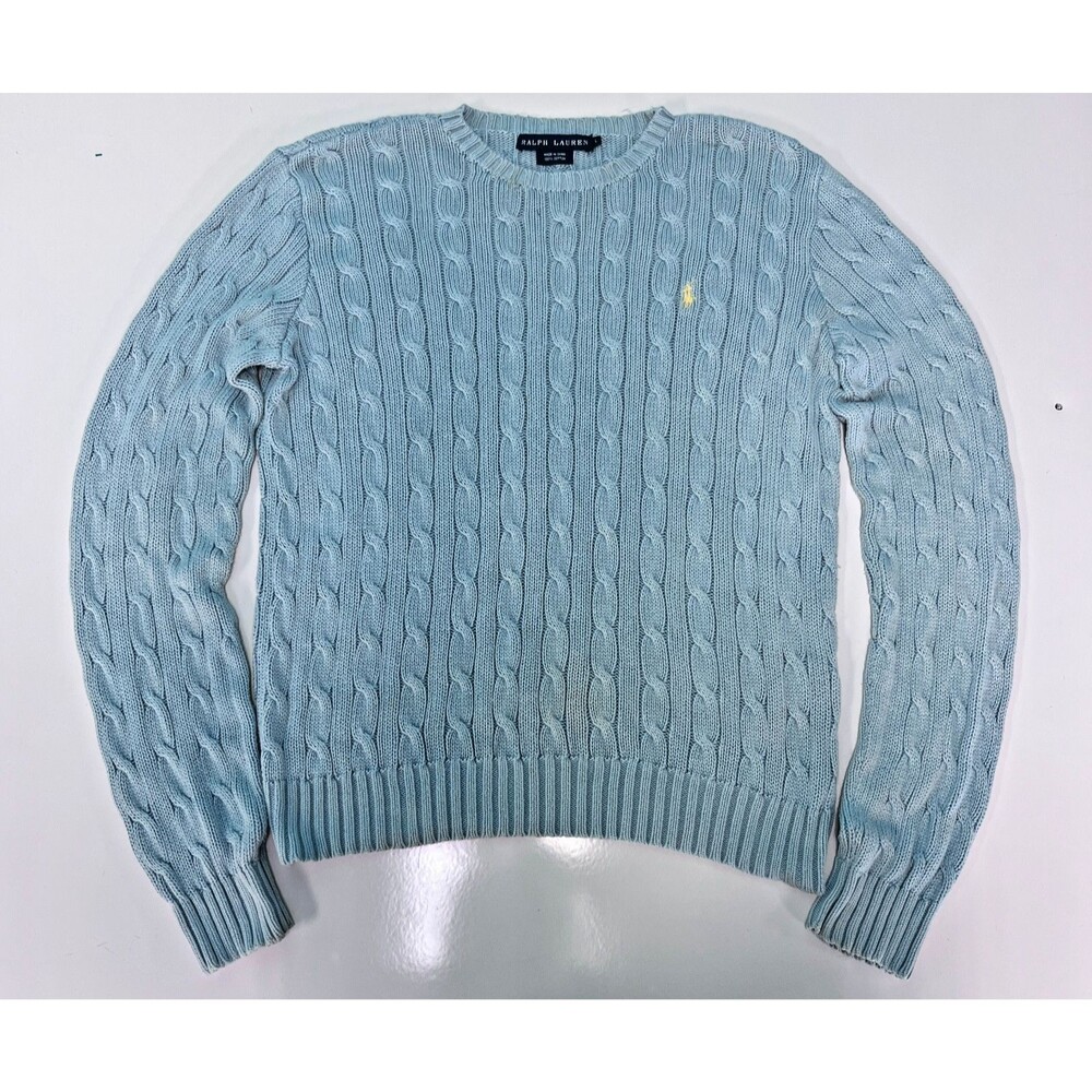 Ralph Lauren Cable Knit Crewneck Sweater Women’s L Light Blue Cotton Yellow Pony